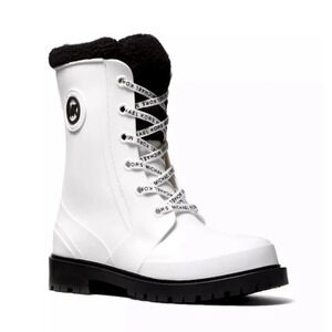 Michael Kors Montaigne Faux Shearling-Lined PVC Rain Boot White Black size 9
